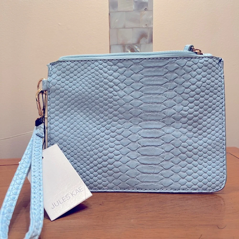 Jules Kae Darla Vegan Leather Croc Embossed Wristlet Pouch Baby Blue